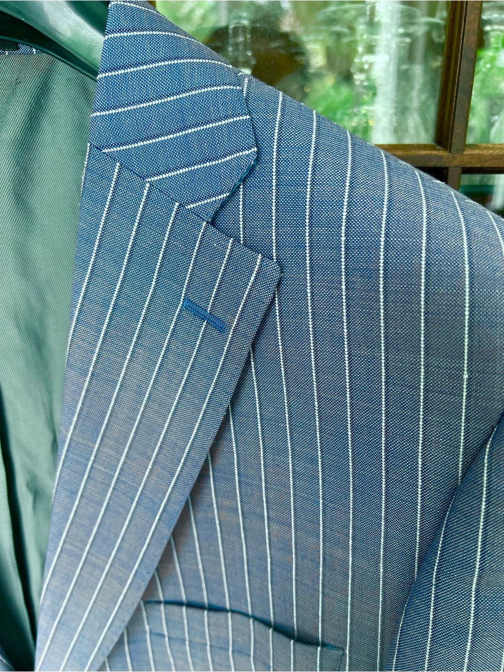 100% Soft Wool, Italian Suit. Blue and White pinstripe. High quality.